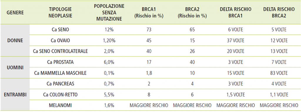 Tabella 2: rischio cumulativo tumori associati a mutazioni brca1-brca2